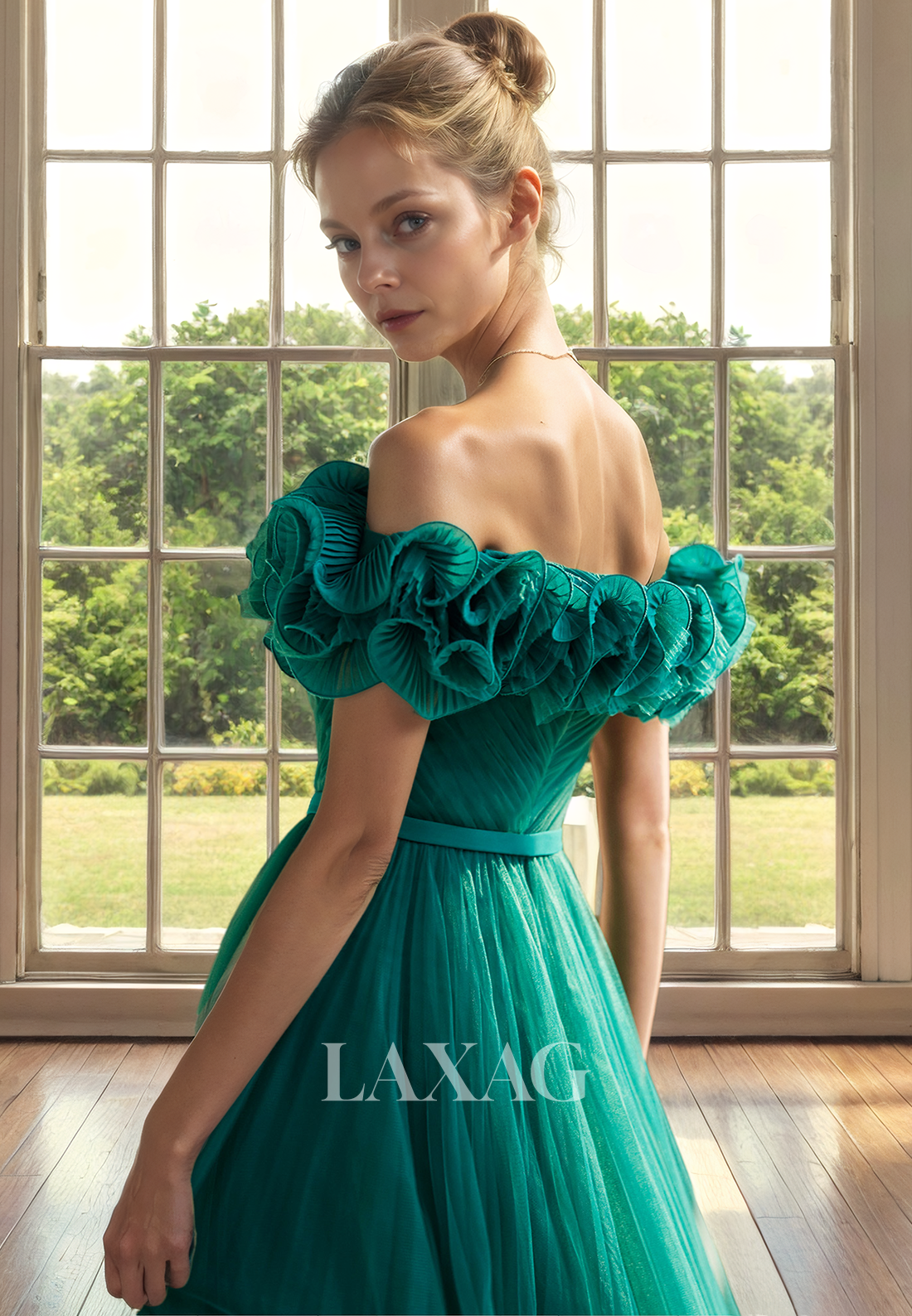A-Line Off Shoulder Pleated Tulle Elegant Mother of the Bride Dress