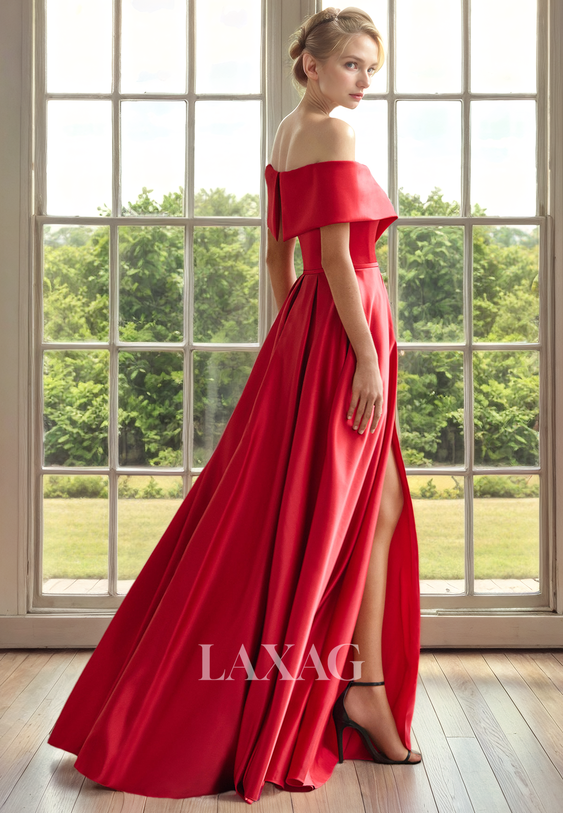 A-Line Off Shoulder Sleek Satin Elegant Mother of the Bride Dress with Slit