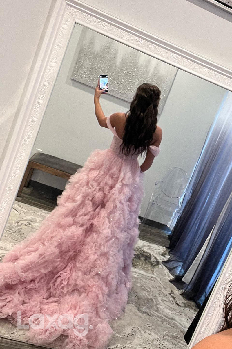 22337 - A-Line Off Shoulder Tulle Party Prom Formal Evening Dress with Slit - Fashionpara