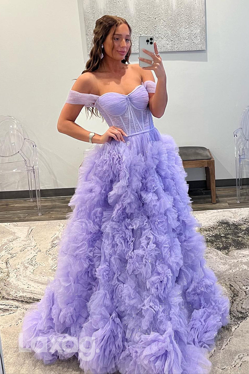 22337 - A-Line Off Shoulder Tulle Party Prom Formal Evening Dress with Slit - Fashionpara