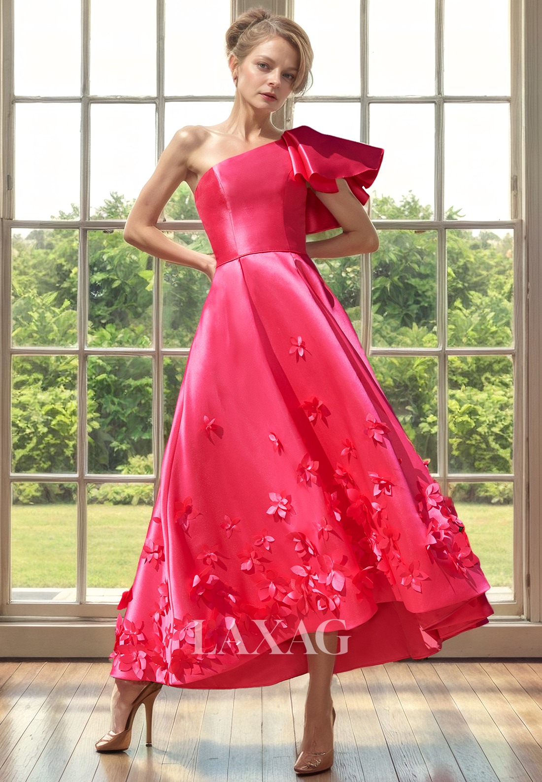A-Line One Shoulder Floral Embossed Sleek Satin Mother of the Bride Dress