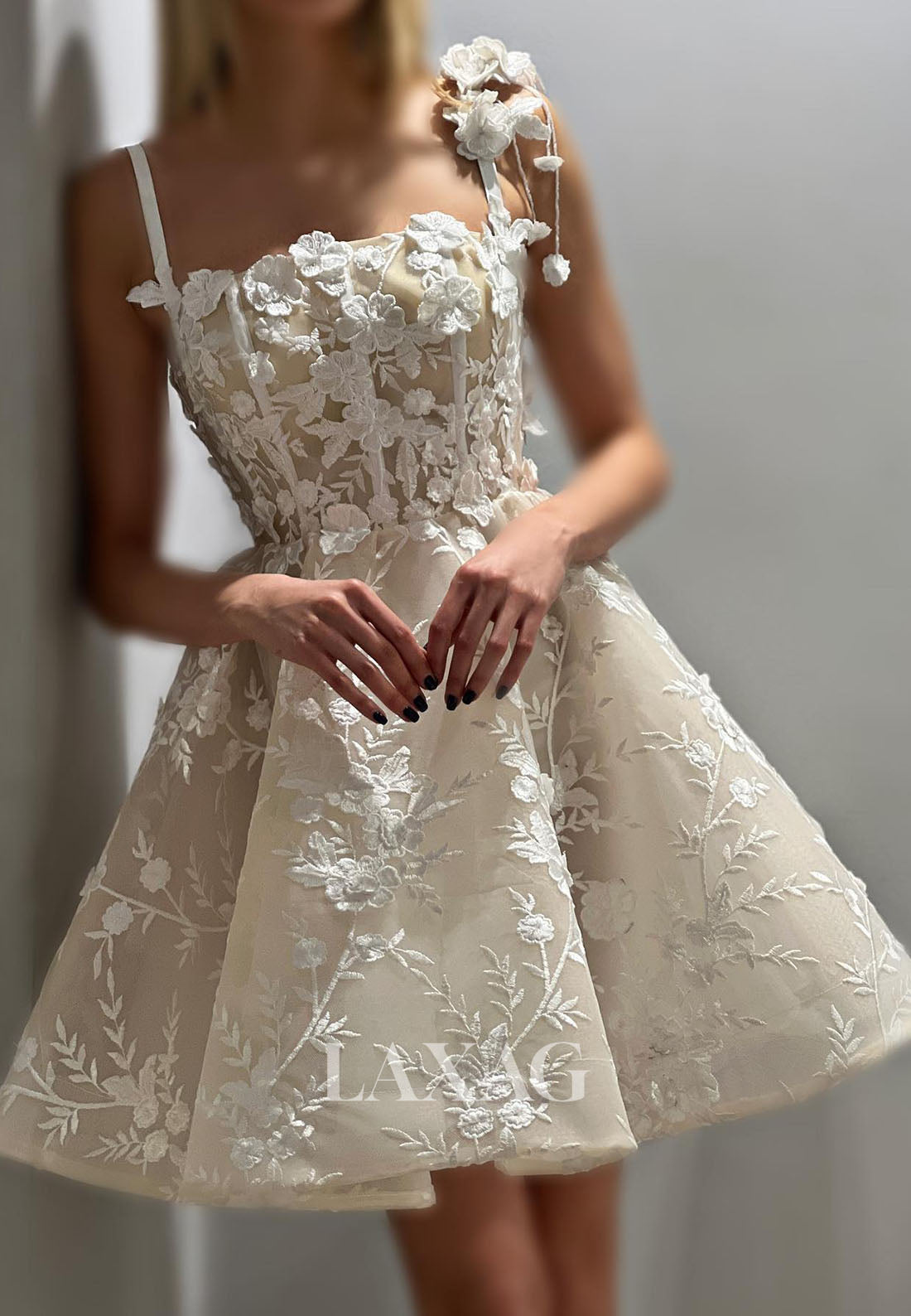 A-Line Spaghetti Straps Floral Embossed Tulle Elegant Party Homecoming Dress - Fashionpara