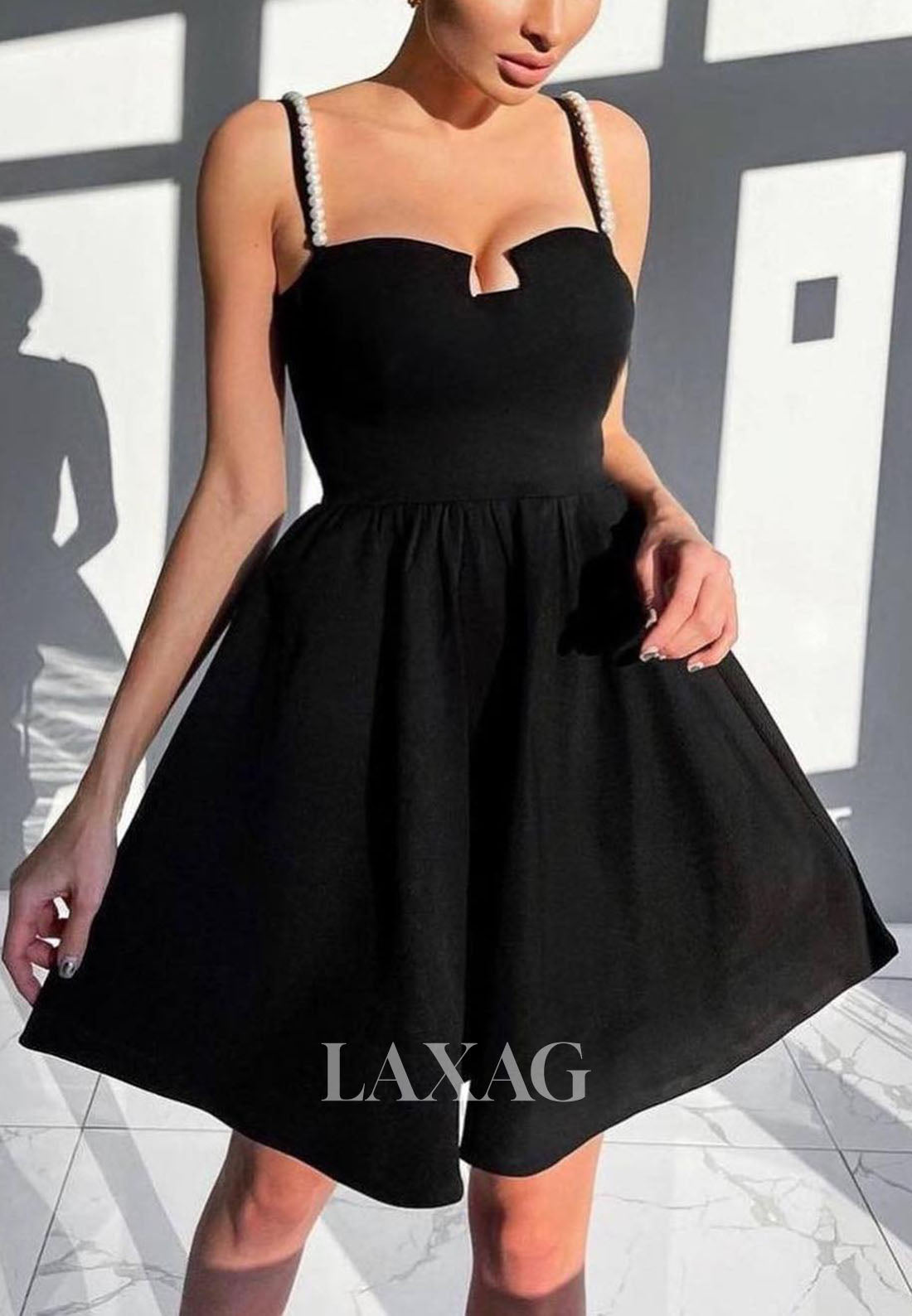 A-Line Spaghetti Straps Off Shoulder Pearls Sleek Satin Party Homecoming Dress - Fashionpara