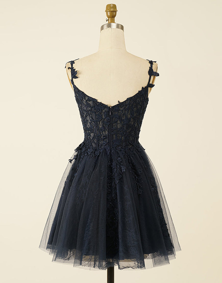 A-Line Spaghetti Straps Short Tulle Homecoming Dress With Appliques - Fashionpara