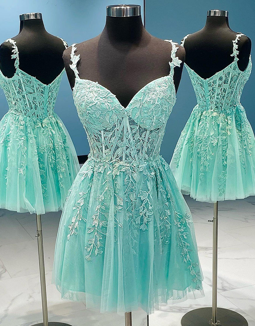 A-Line Spaghetti Straps Short Tulle Homecoming Dress With Appliques - Fashionpara