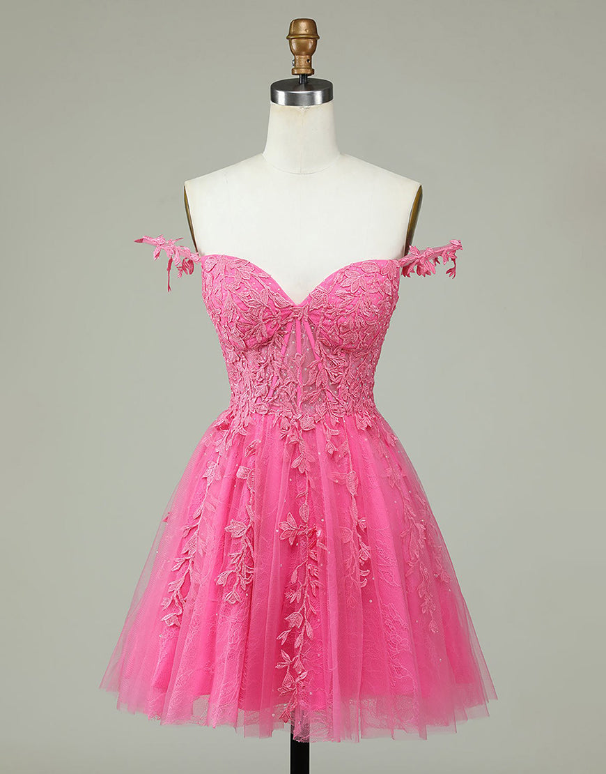 A-Line Spaghetti Straps Short Tulle Homecoming Dress With Appliques - Fashionpara