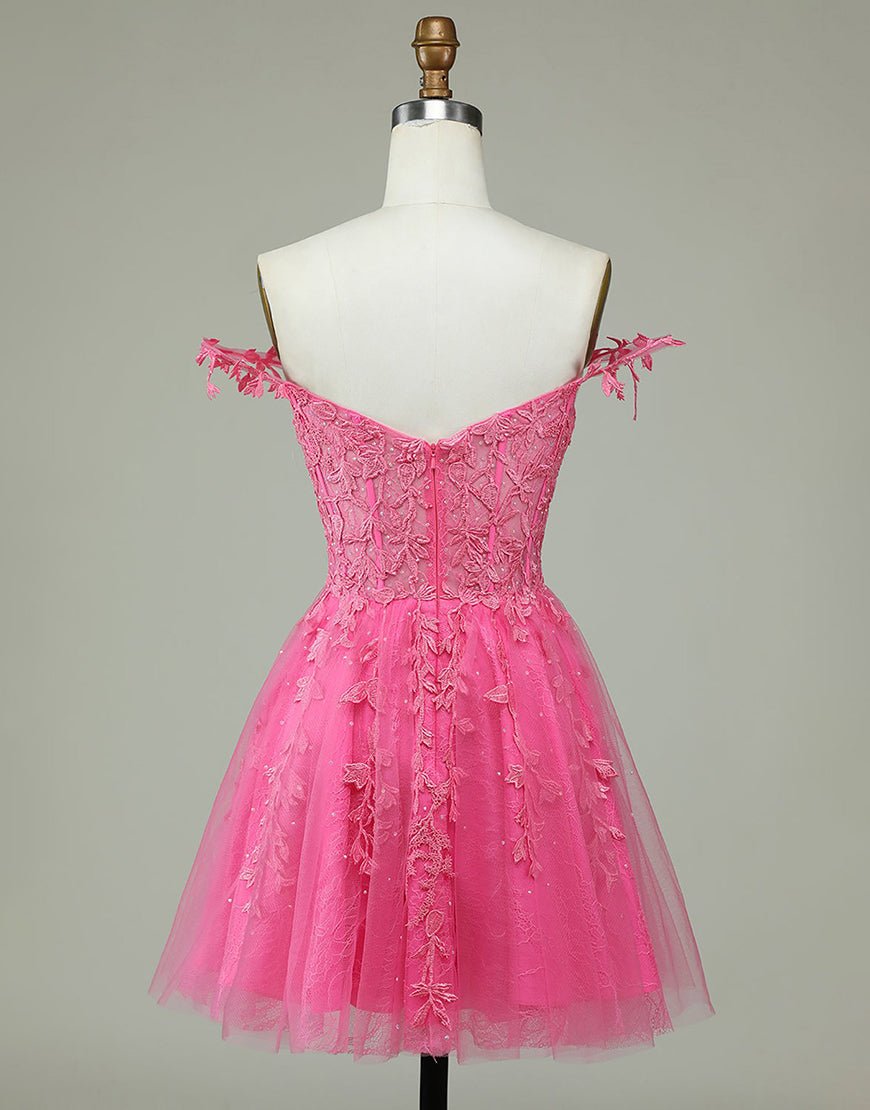 A-Line Spaghetti Straps Short Tulle Homecoming Dress With Appliques - Fashionpara