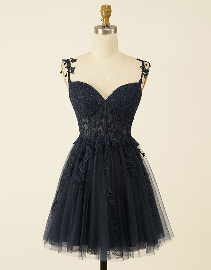 A-Line Spaghetti Straps Short Tulle Homecoming Dress With Appliques - Fashionpara