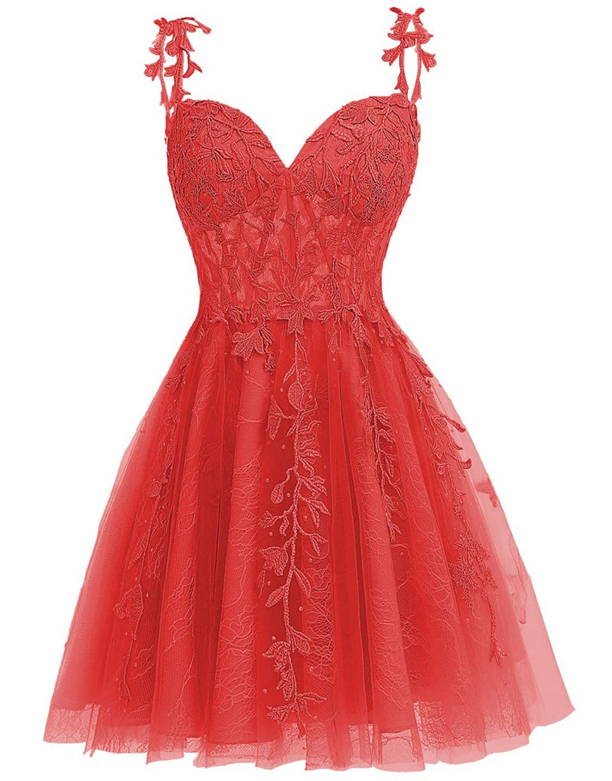 A-Line Spaghetti Straps Short Tulle Homecoming Dress With Appliques - Fashionpara