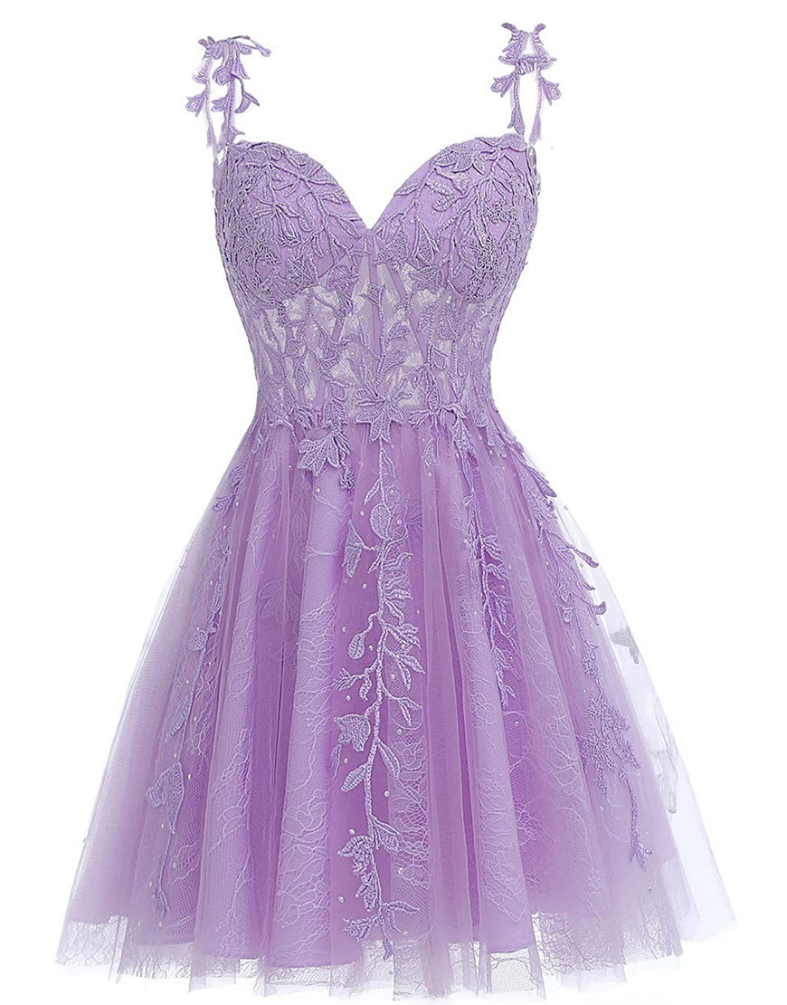 A-Line Spaghetti Straps Short Tulle Homecoming Dress With Appliques - Fashionpara
