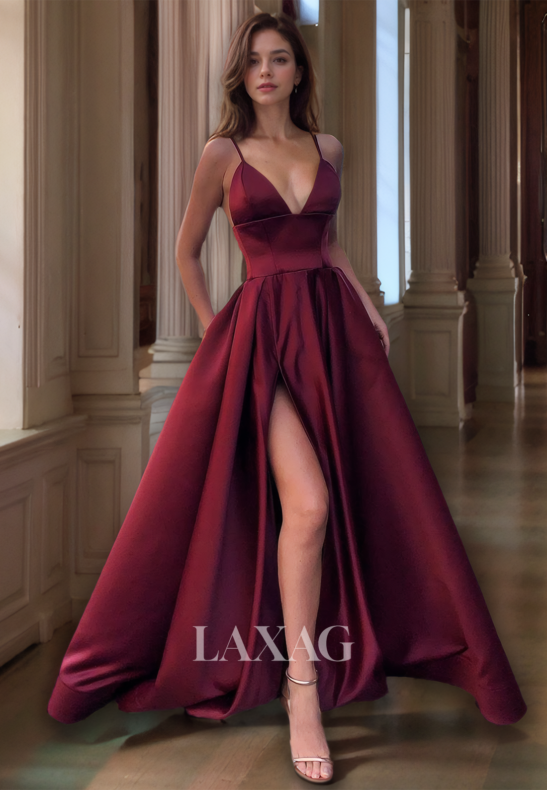 A-Line V-Neck Spaghetti Straps Off-Shoulder Sleeveless Sleek Satin Prom Dress with High Slit
