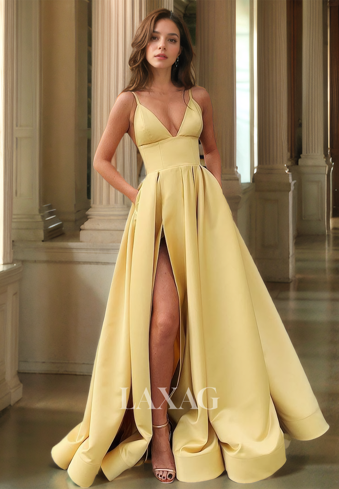 A-Line V-Neck Spaghetti Straps Off-Shoulder Sleeveless Sleek Satin Prom Dress with High Slit