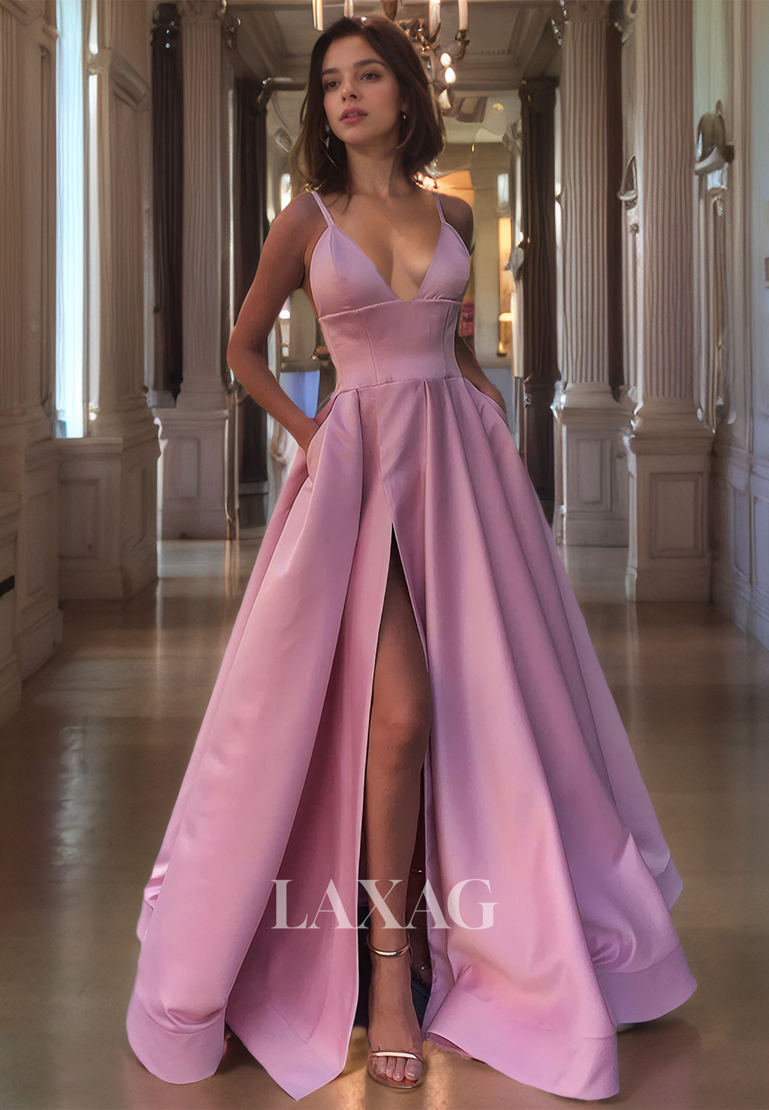 A-Line V-Neck Spaghetti Straps Off-Shoulder Sleeveless Sleek Satin Prom Dress with High Slit