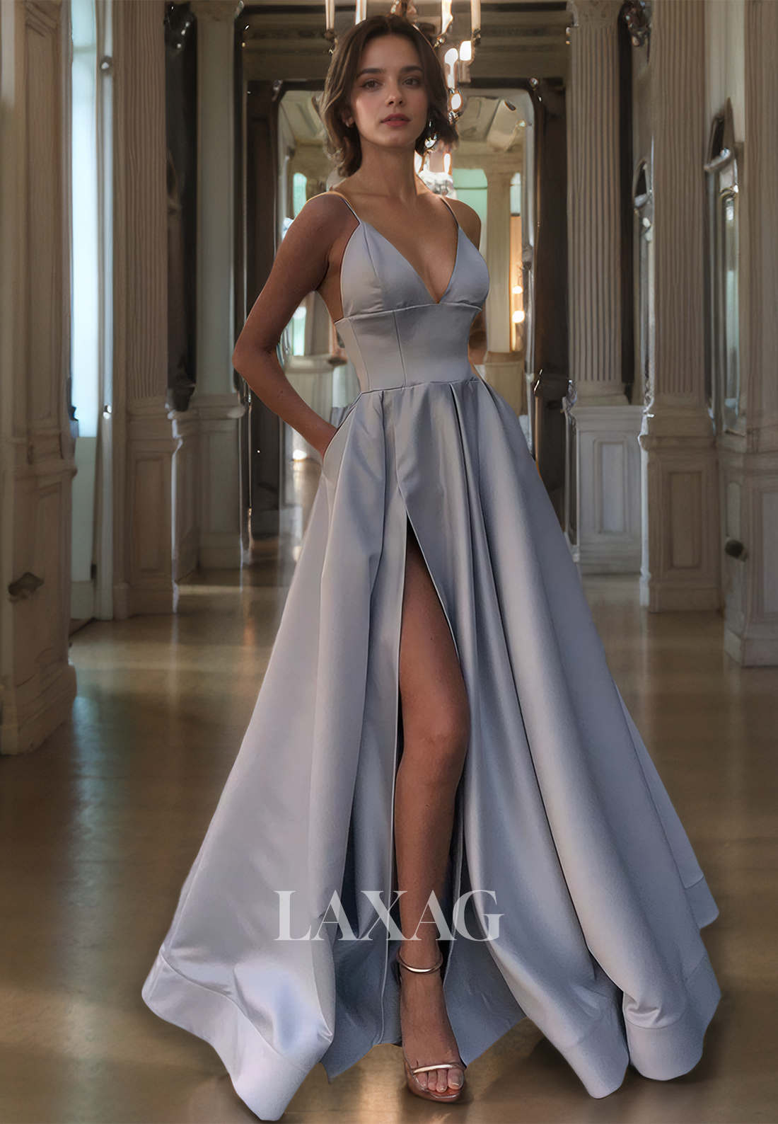 A-Line V-Neck Spaghetti Straps Off-Shoulder Sleeveless Sleek Satin Prom Dress with High Slit