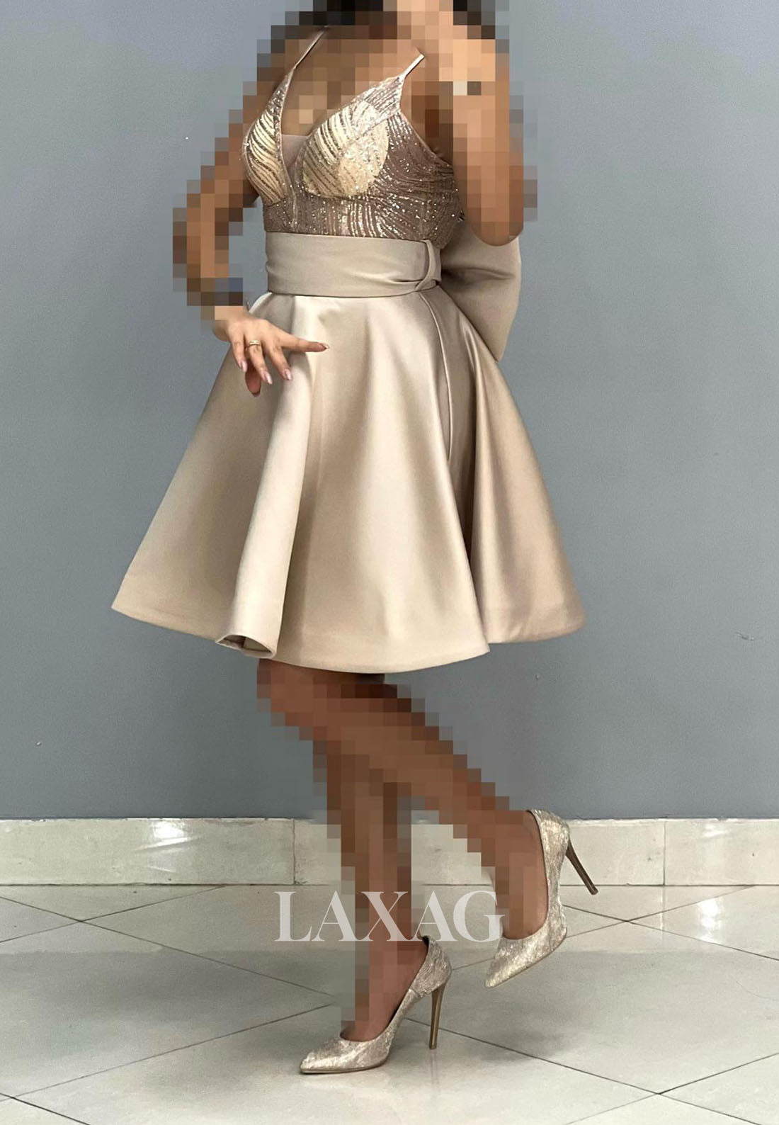 A-Line Spaghetti Straps V-Neck Sequins Sleek Satin Party Homecoming Dress - Fashionpara