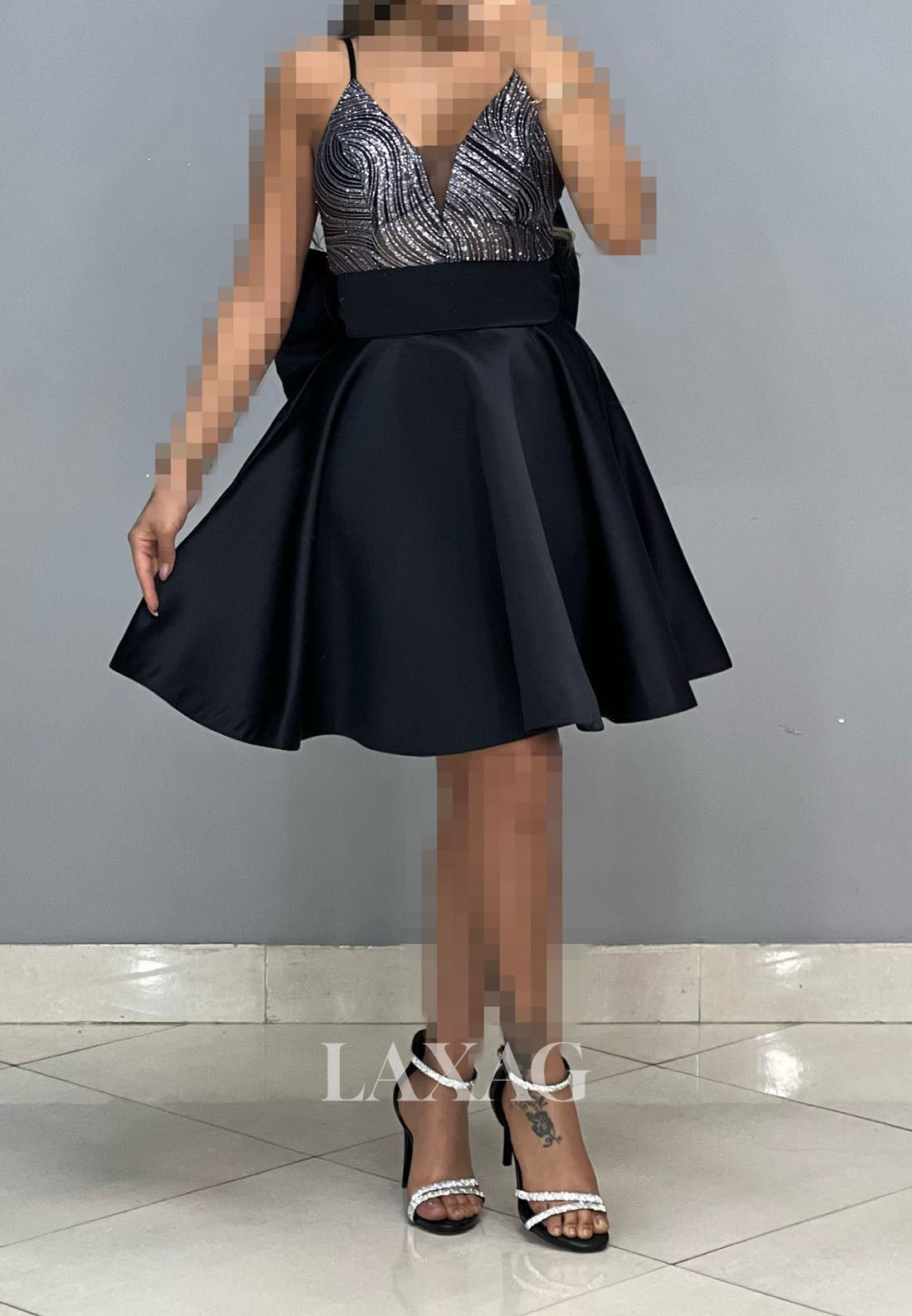 A-Line Spaghetti Straps V-Neck Sequins Sleek Satin Party Homecoming Dress - Fashionpara
