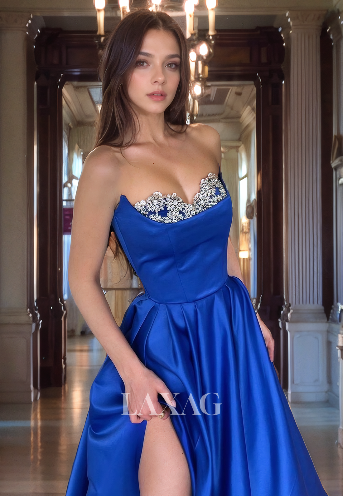 21912 - A Line Strapless Beads Satin Elegant Formal Prom Dress with Slit