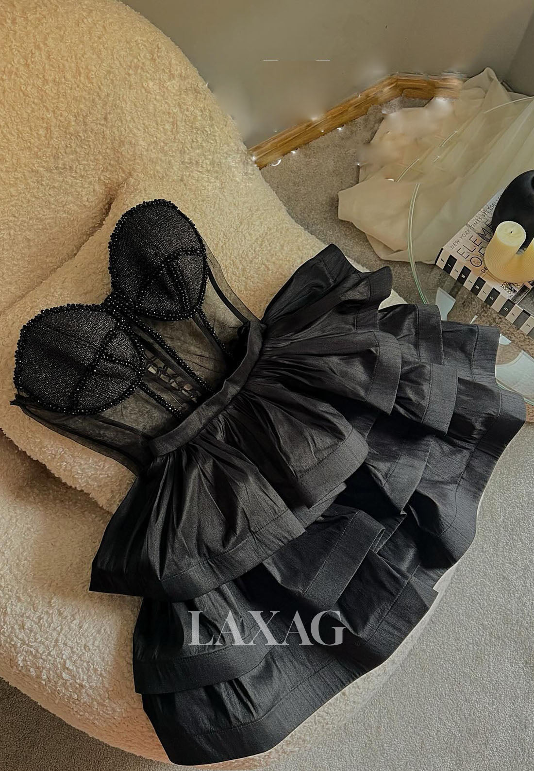 A-Line Strapless Beaded Tulle illusion Tiered Party Homecoming Dress - Fashionpara