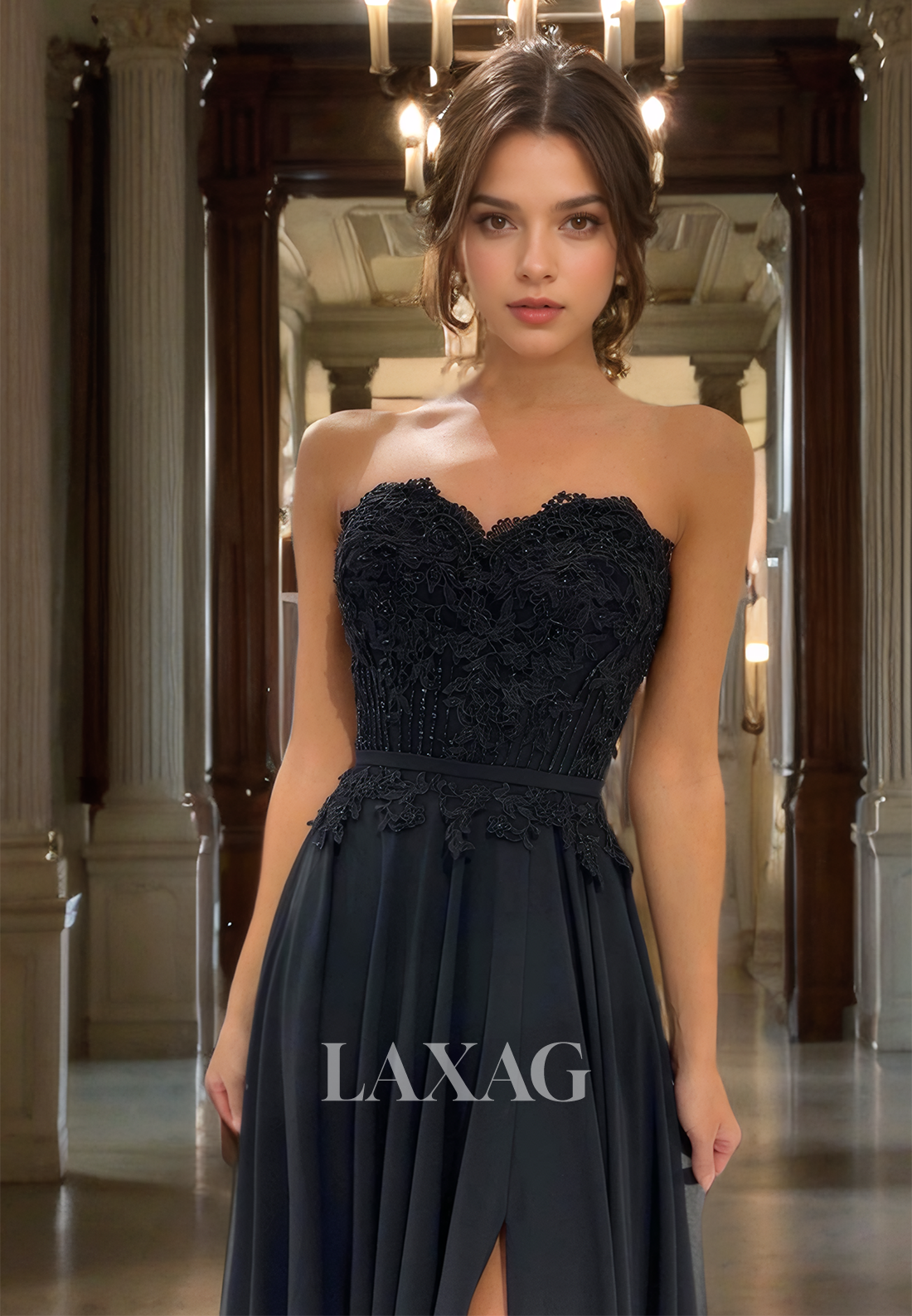 Strapless Lace Appliques Black Prom Dress with Slit - Fashionpara