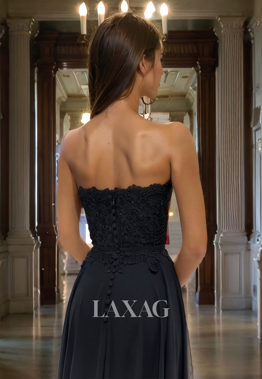 Strapless Lace Appliques Black Prom Dress with Slit - Fashionpara
