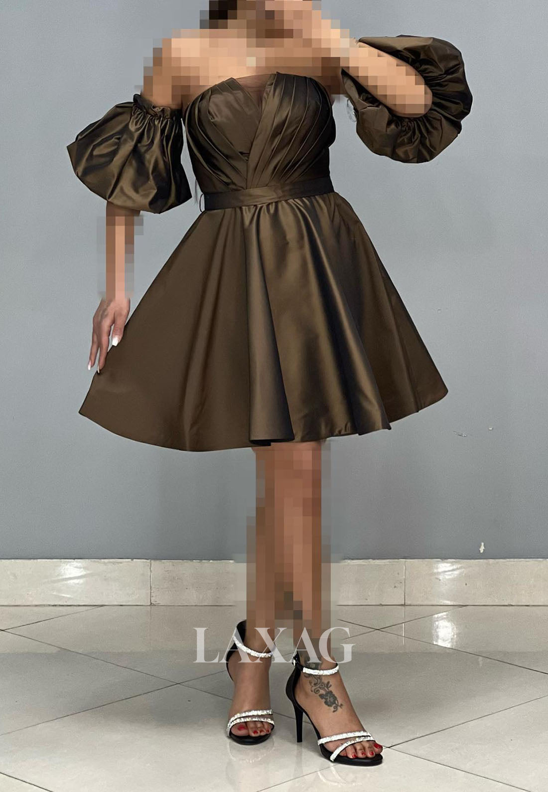 23158 - A-Line Strapless Off Shoulder Pleated Sleek Satin Party Homecoming Dress