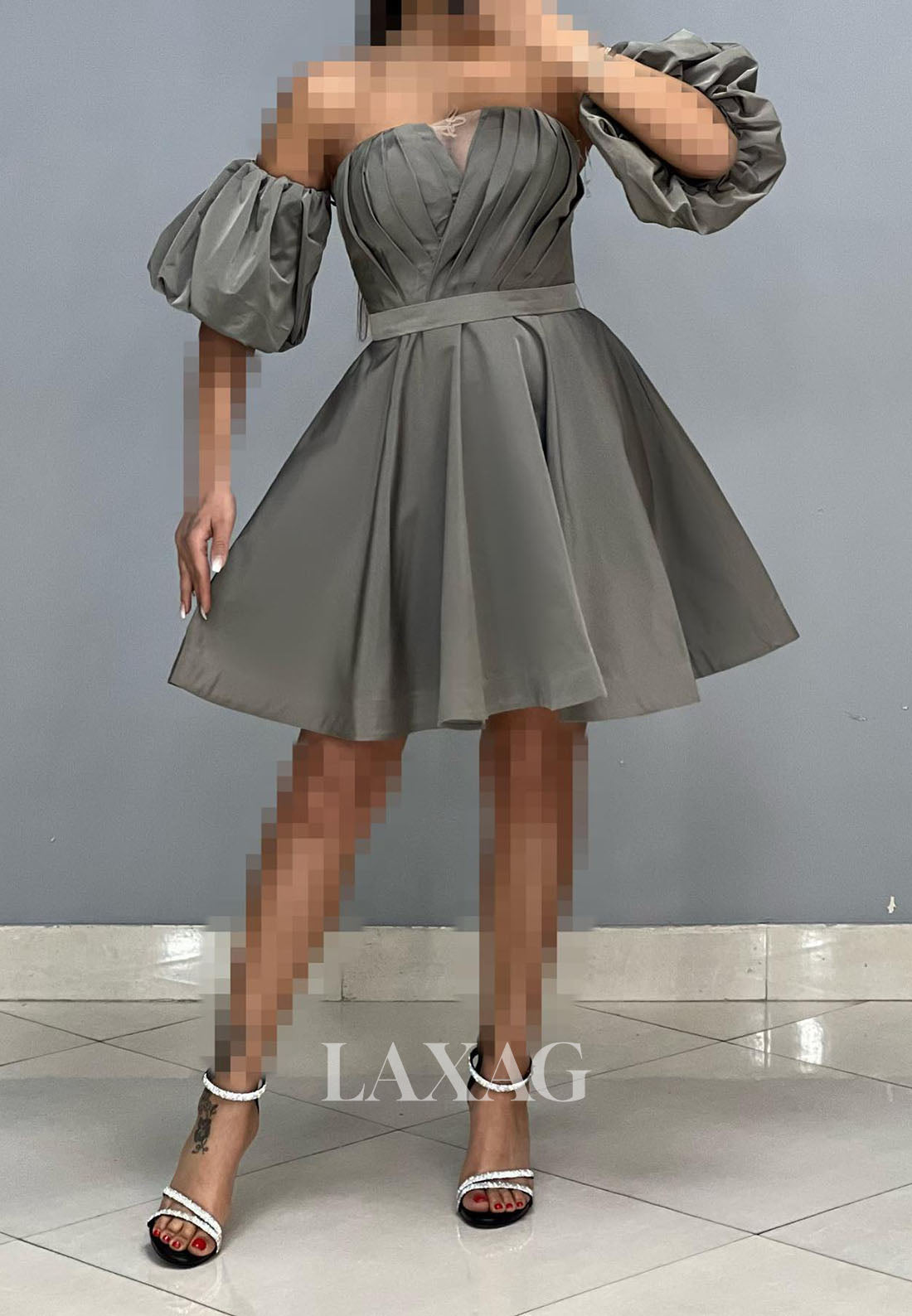 23158 - A-Line Strapless Off Shoulder Pleated Sleek Satin Party Homecoming Dress