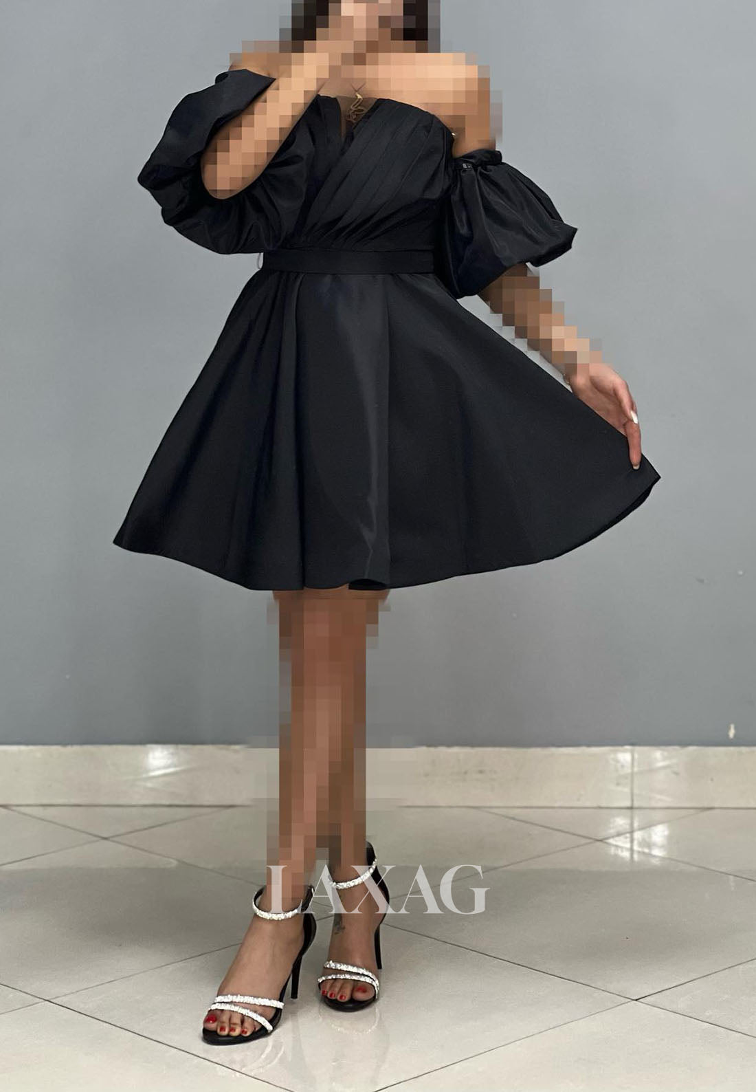 23158 - A-Line Strapless Off Shoulder Pleated Sleek Satin Party Homecoming Dress