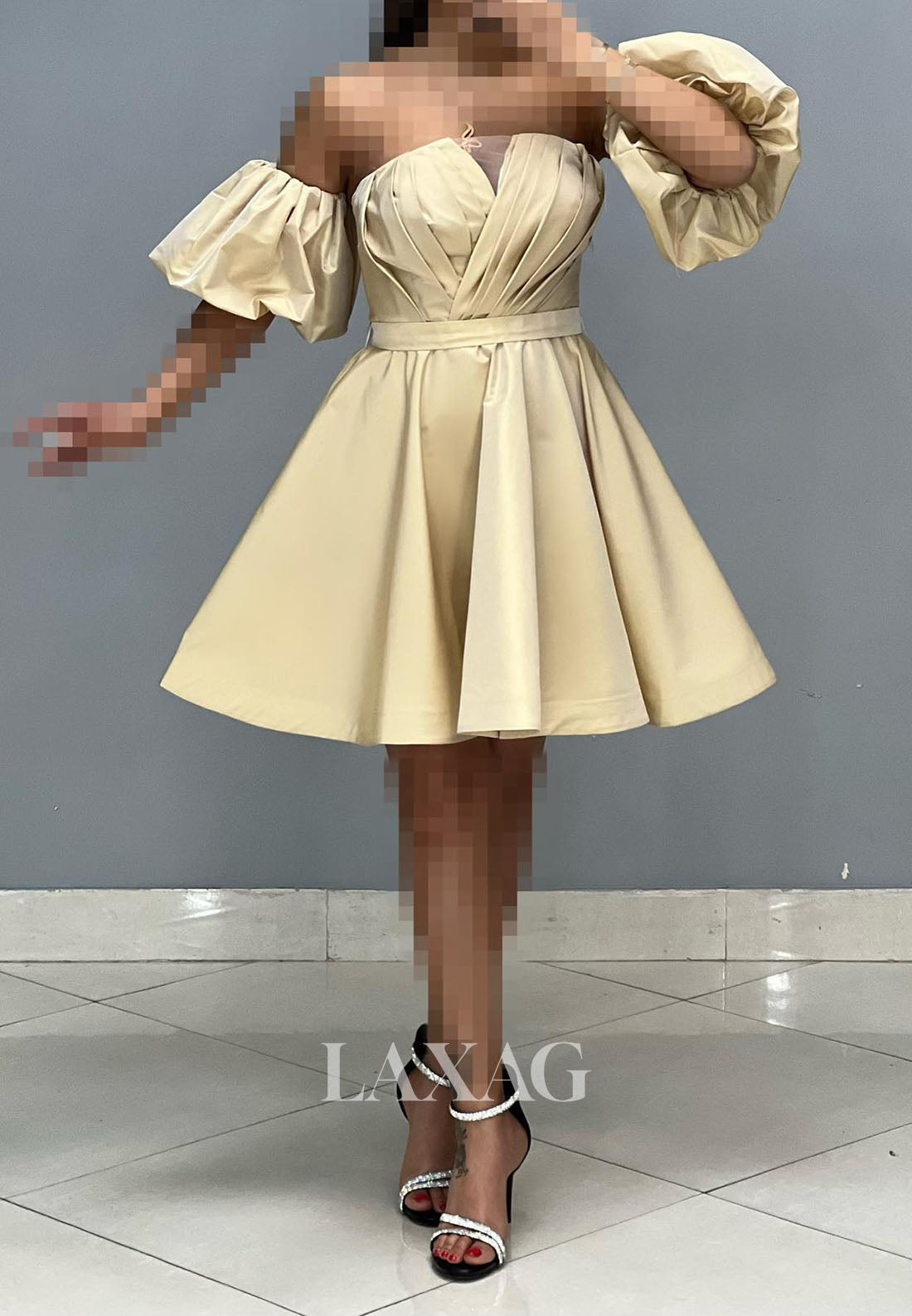 23158 - A-Line Strapless Off Shoulder Pleated Sleek Satin Party Homecoming Dress