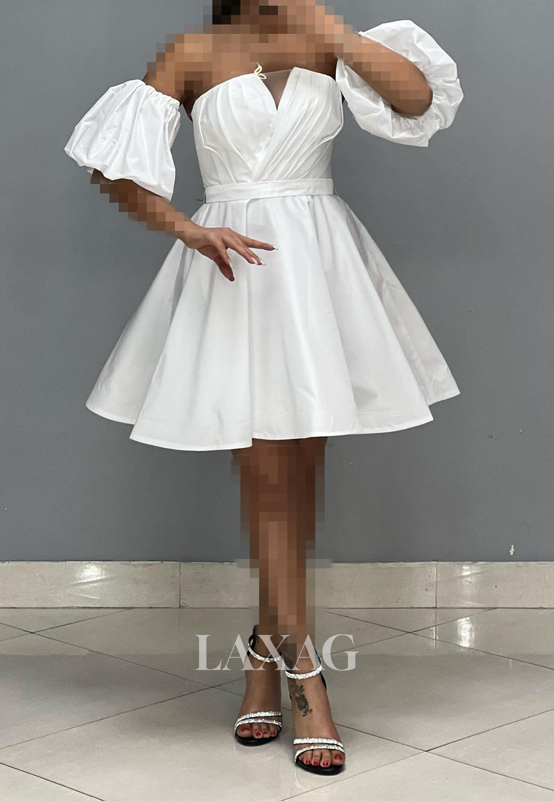23158 - A-Line Strapless Off Shoulder Pleated Sleek Satin Party Homecoming Dress