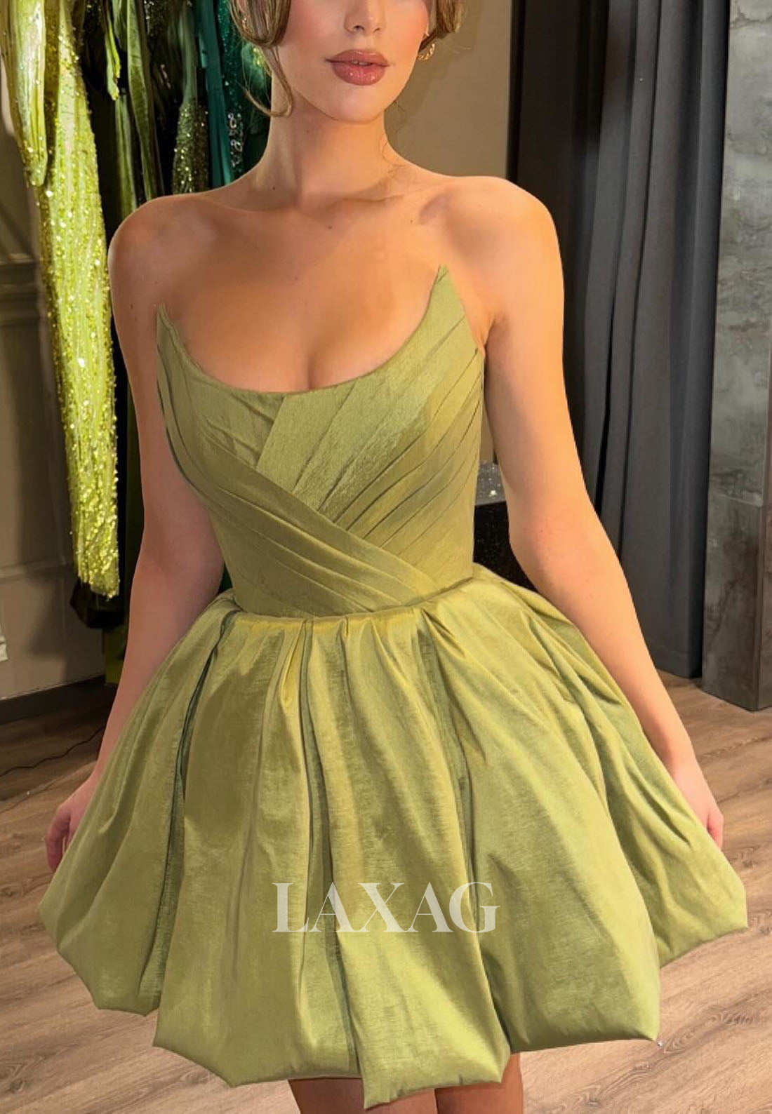 A-Line Strapless Pleated Sleek Satin Elegant Party Homecoming Dress - Fashionpara