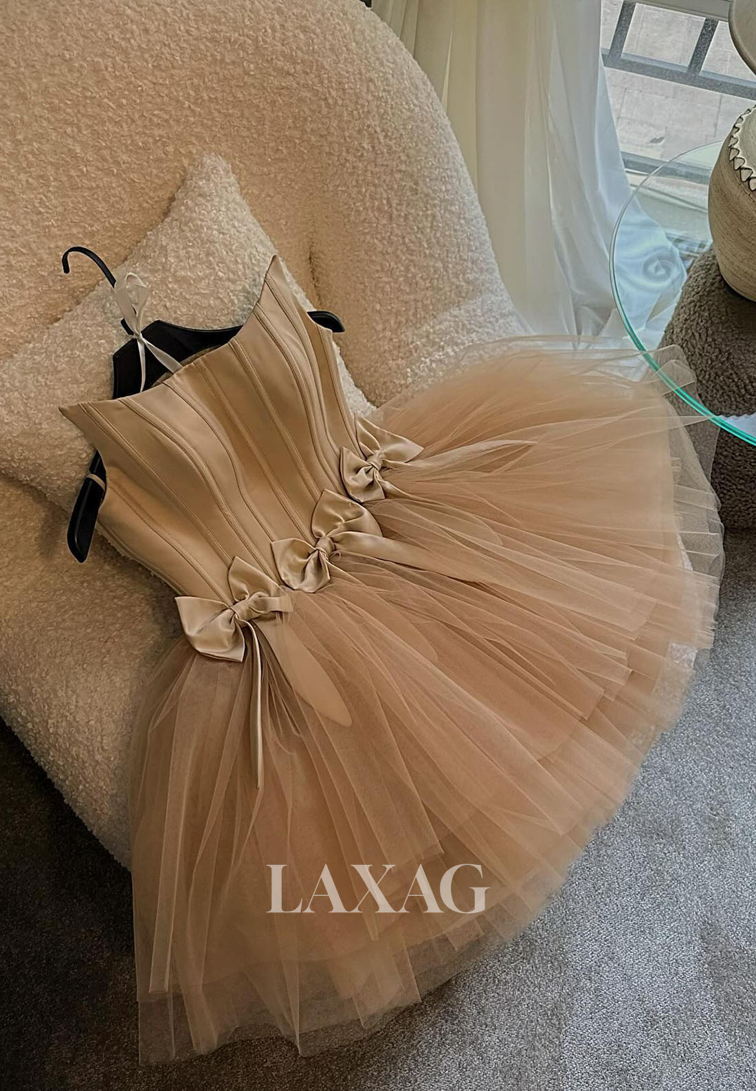 A-Line Strapless Sleek Satin Tulle Party Homecoming Dress with Bow Detail - Fashionpara