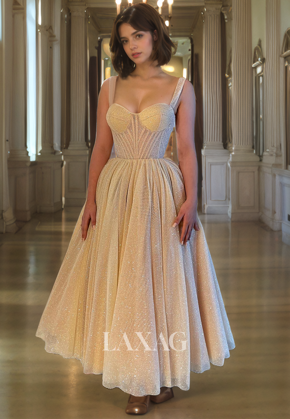 Sweetheart Straps Sleeveless Glitter-Knit A-Line Prom Dress Ankle-Length Pleated Evening Gowns - Fashionpara