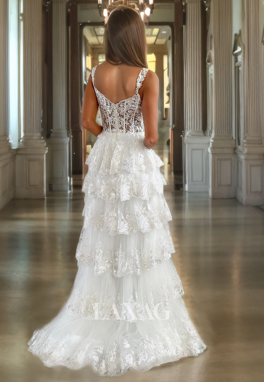 21920 - Sweetheart Lace Appliques Tiered Long Prom Formal Dress with Slit