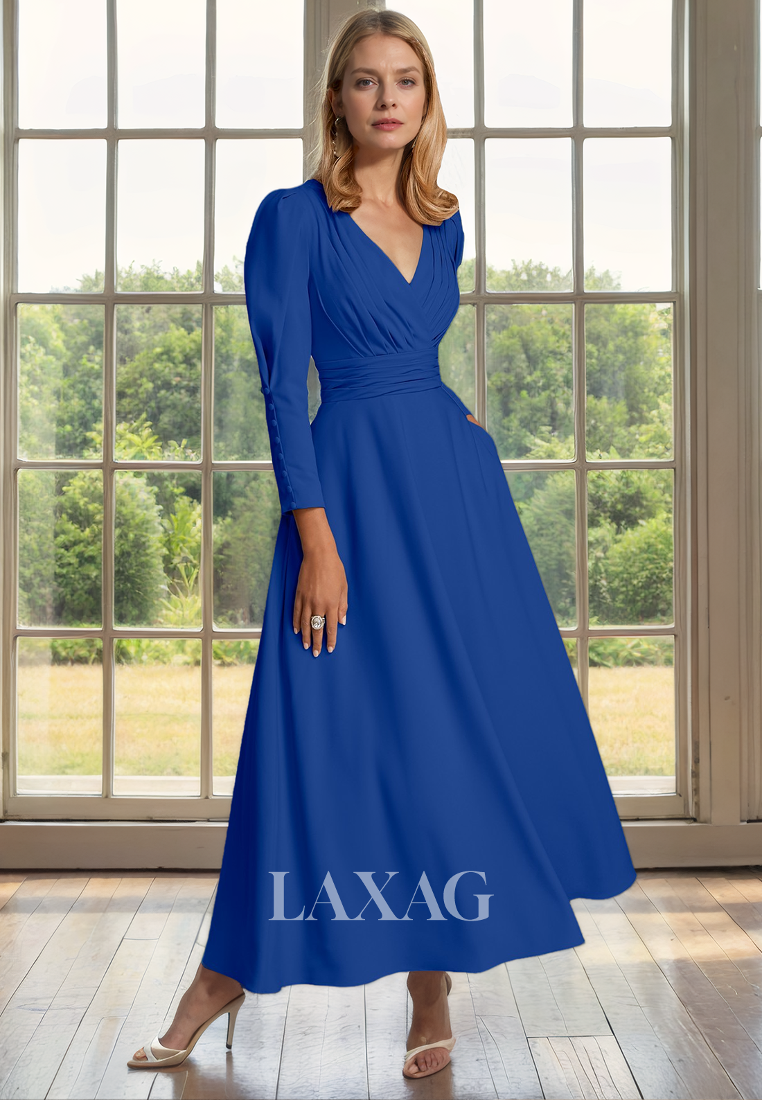 A-Line V-Neck Long Sleeves Pleated Sleek Satin Mother of the Bride Dress