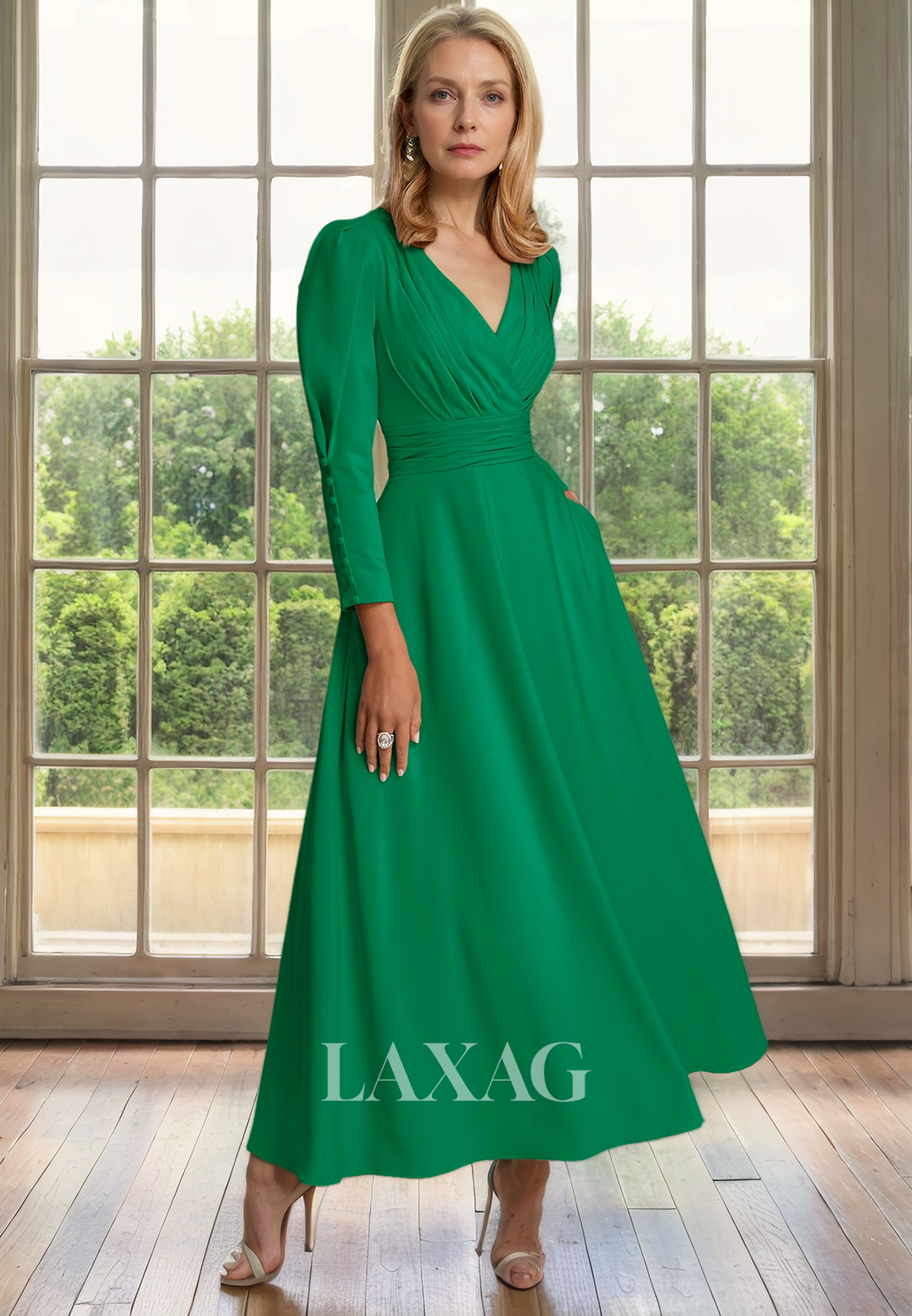 A-Line V-Neck Long Sleeves Pleated Sleek Satin Mother of the Bride Dress