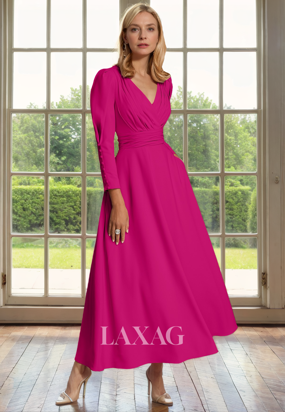 A-Line V-Neck Long Sleeves Pleated Sleek Satin Mother of the Bride Dress