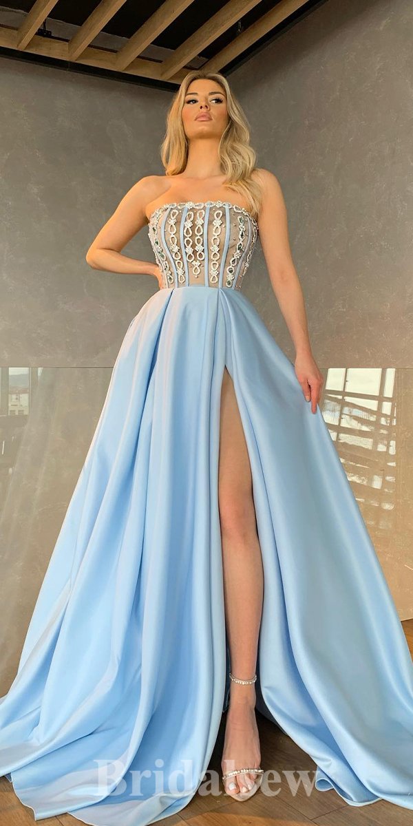 A-line Blue Strapless Satin New Fashion Long Elegant Party Prom Dresses PD1170 - Fashionpara