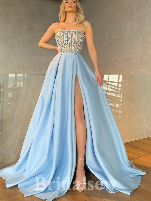 A-line Blue Strapless Satin New Fashion Long Elegant Party Prom Dresses PD1170 - Fashionpara