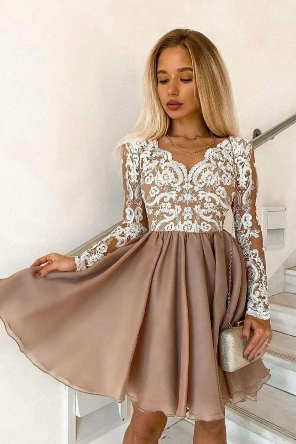 A-line Knee Length Long Sleeves Homecoming Dress - Fashionpara