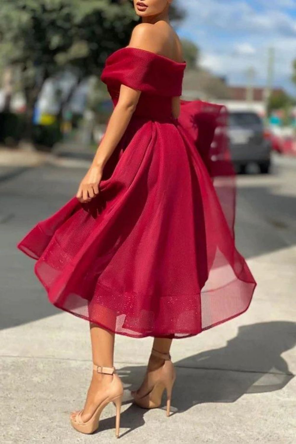 A-line Tea Length Off The Shoulder Homecoming Dress - Fashionpara