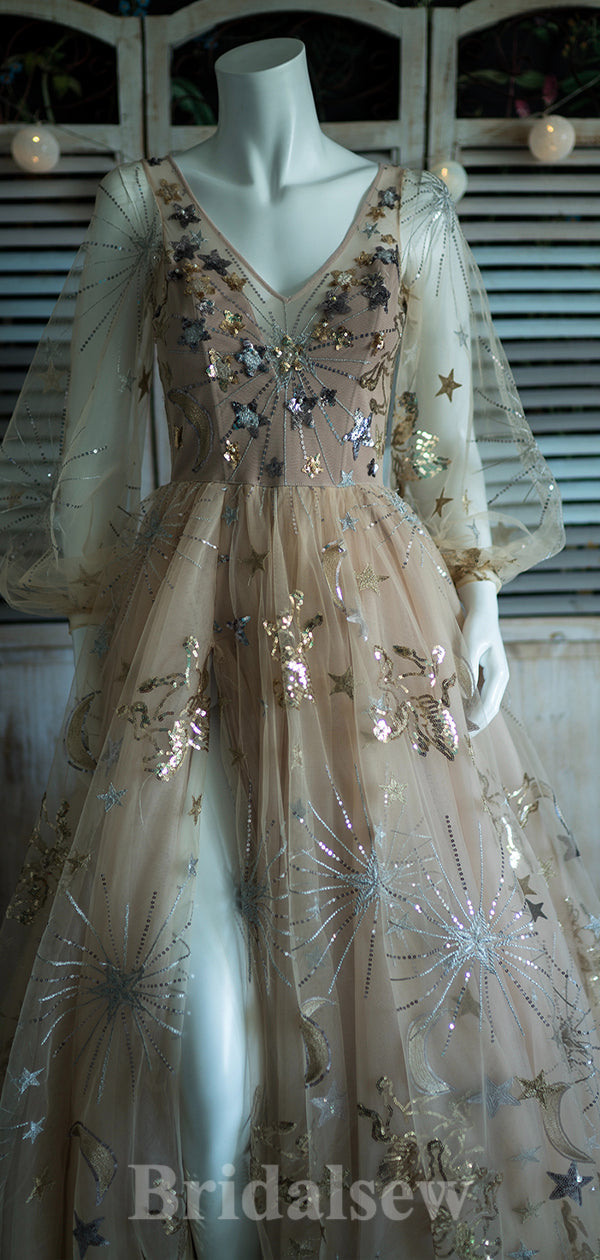 A-line V-Neck Long Sleeves Princess Gorgeous Stunning Long Women Evening Prom Dresses PD822 - Fashionpara