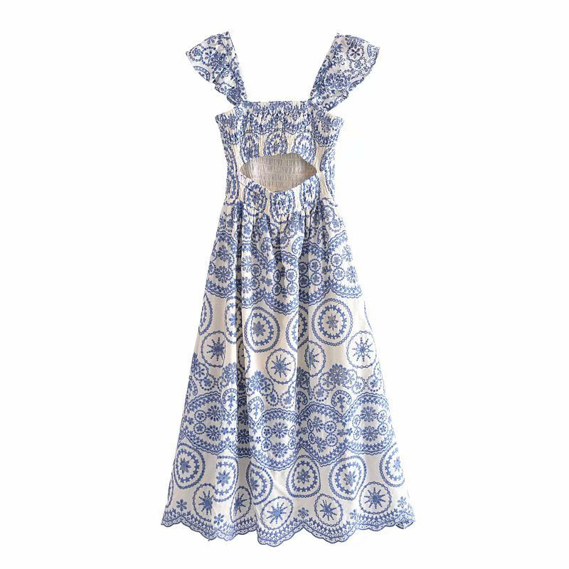 Smocked Ruffle Strap Medallion Embroidery Waist Midi Dress