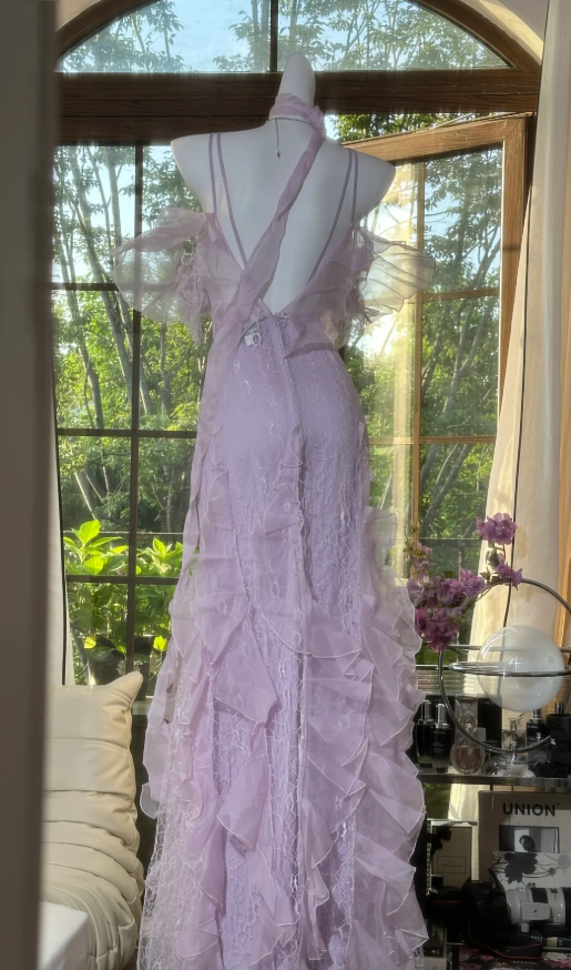 Classy Pink Spaghetti Straps V Neck Lace Chiffon Ruffle Mermaid Evening Dress Long Party Dress with Ribbon D1246