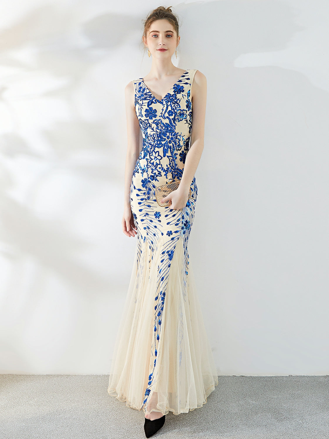 Floral Sequin V-Neck Sleeveless Fishtail Mermaid Gown 7