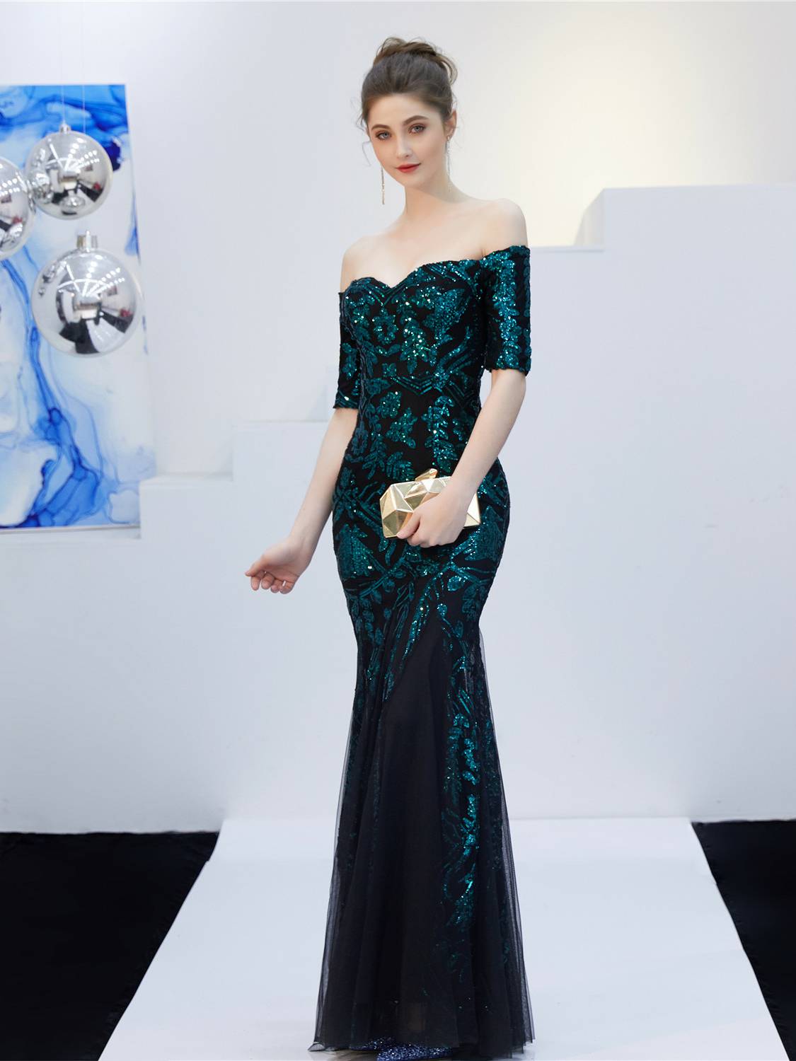 Sequin Off-Shoulder Short Sleeve Mermaid Gown