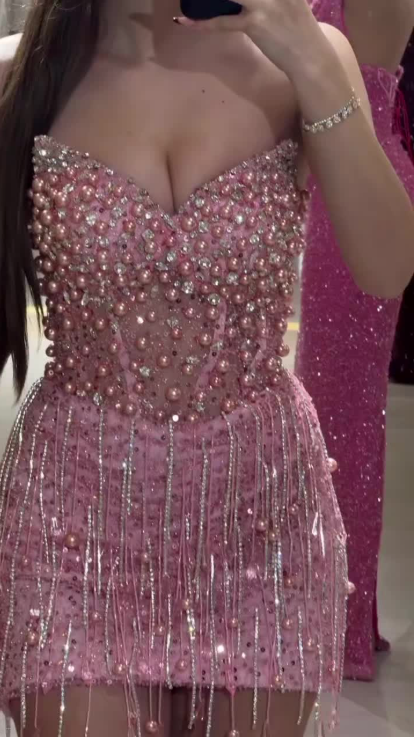 Gorgeous Strapless V Neck Sequin Beaded Sheath Cocktail Dress Pink Formal Graduation Homecoming Dress D169
