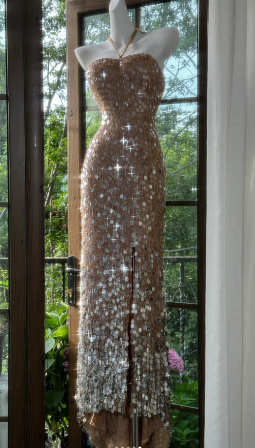 Gorgeous Halter Champagne Sequin Slit Mermaid Party Dress Long Evening Gown D1250