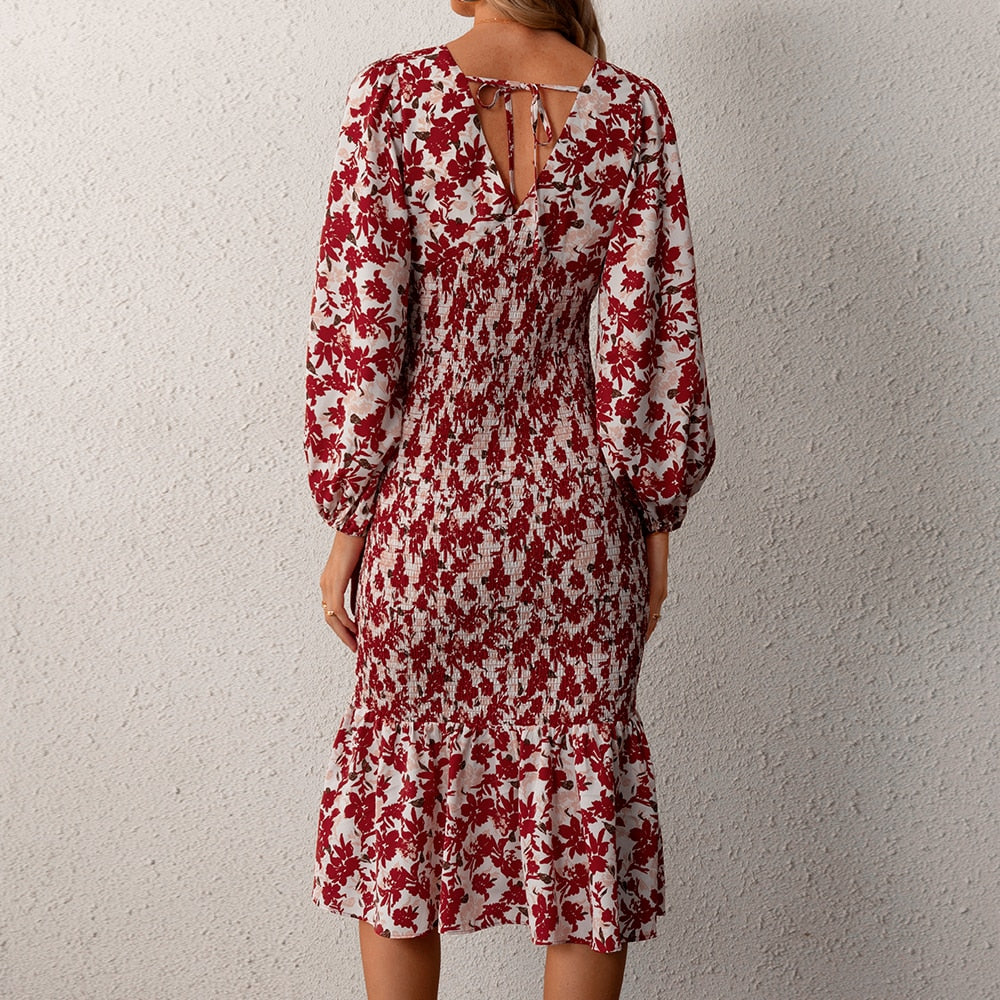 Floral V-Neck Long Sleeve Smocked Ruffle Hem Midi Dress 6