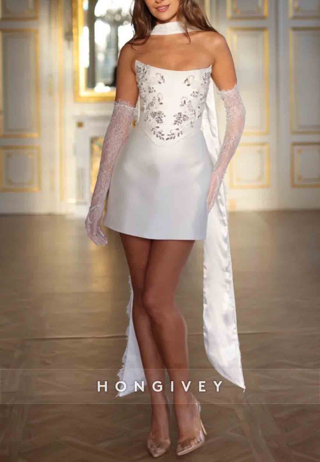 Appliqued Crisscross Back Strapless Sheath Mini Wedding Dresses