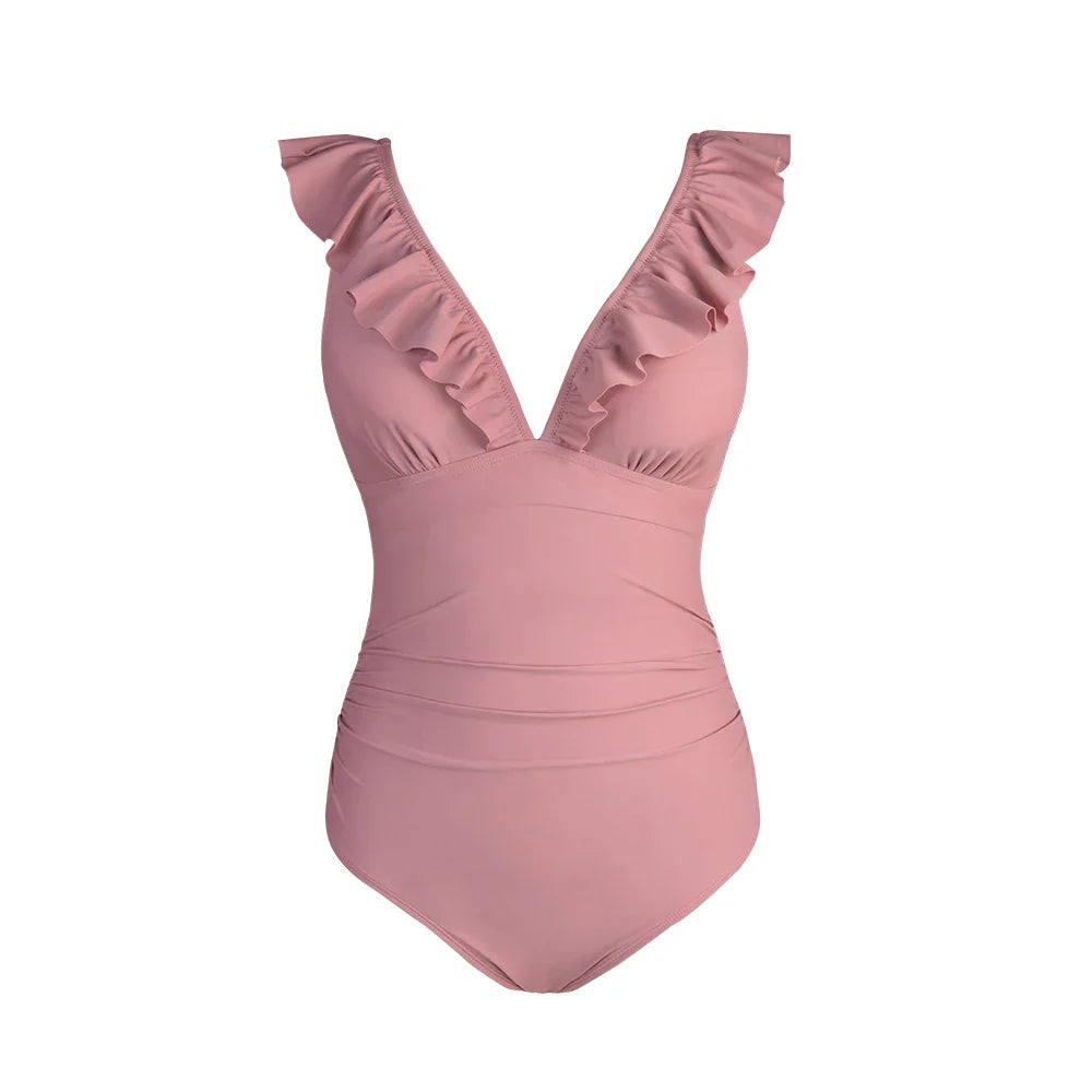 Blue Ruffled Tie Back Shirring One Piece Set